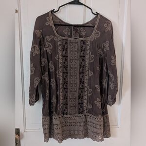 JOHNNY WAS Brown Embroidered Tunic Blouse 3/4 Sleeves